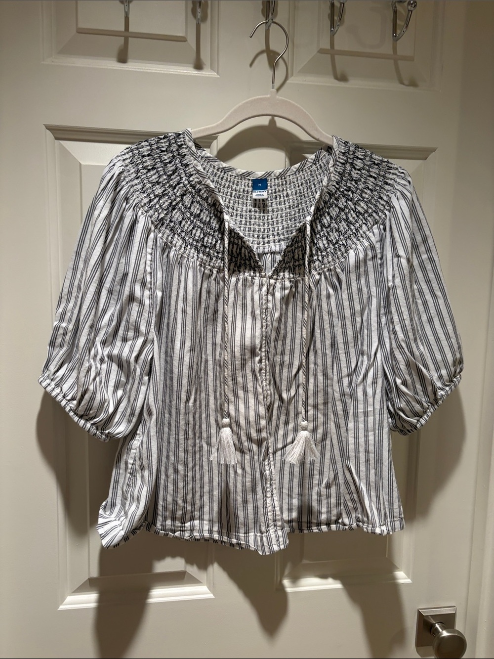Old Navy Black and White Striped Smocked Peasant Blouse